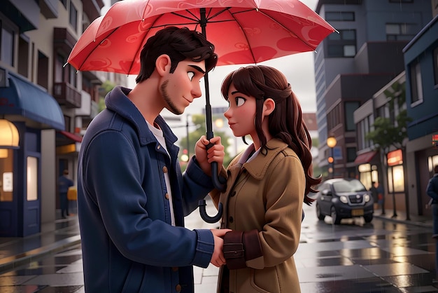 Photo a man protecting his girlfriend from the rain using an umbrella