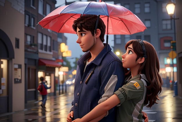 Photo a man protecting his girlfriend from the rain using an umbrella