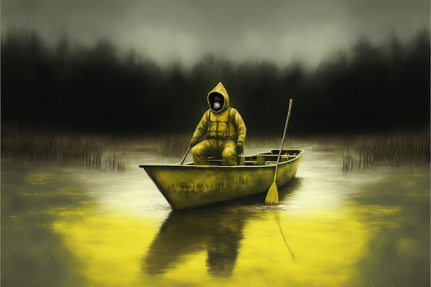 Uomo in una tuta di protezione che rema su una barca nella palude velenosa illustrazione in stile arte digitale pittura fantasia illustrazione di un uomo in una barca