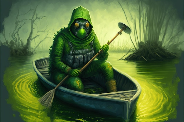 Man in a protection suit rowing a boat in poison swamp digital art style illustration painting fantasy illustration of a man in a boat