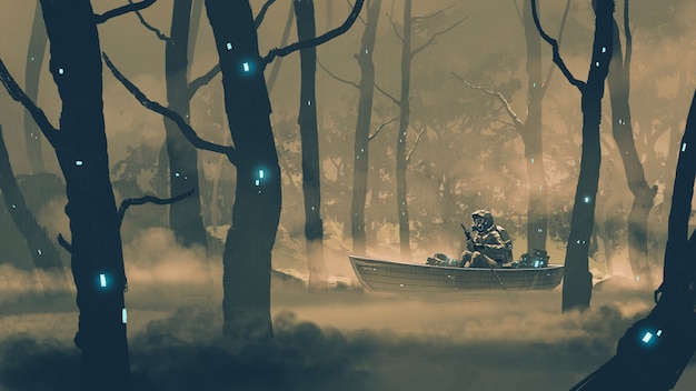 man in a protection suit rowing a boat in poison swamp, digital art style, illustration painting