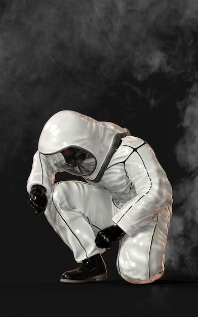 Man in protective biohazard suit, wearing mask and surrounded by smoke