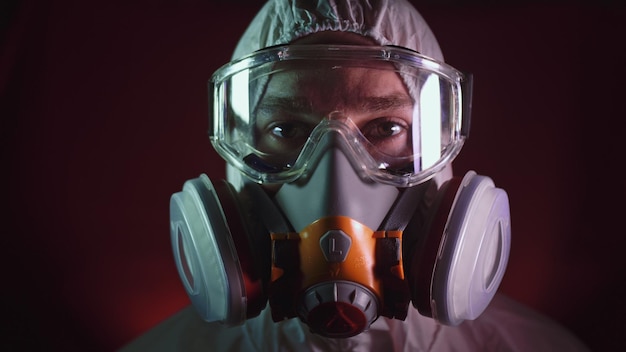 Man in protective costume suit gas protect medical\
antibacterial antiviral spray paint mask doctor health worker in\
respirator concept health virus coronavirus epidemic radiation\
nuclear war
