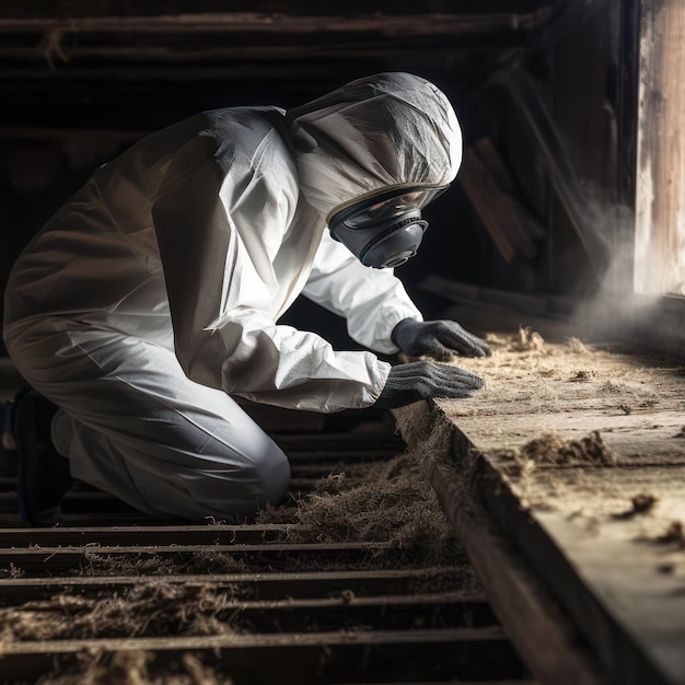 Foto un uomo in equipaggiamento protettivo disinfetta con uno spruzzatore nella vecchia casa abbandonata