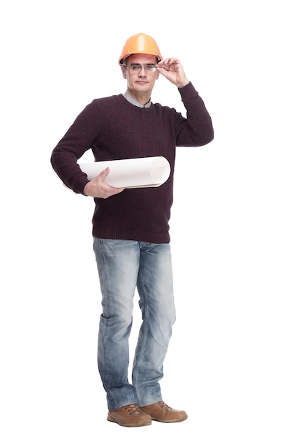 Man in a protective helmet with drawings of a new project