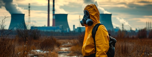 原子力発電所の背景に保護服を着た男性 選択的な焦点