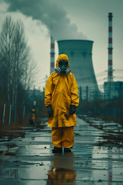 A man in a protective suit against the background of a nuclear power plant Selective focus