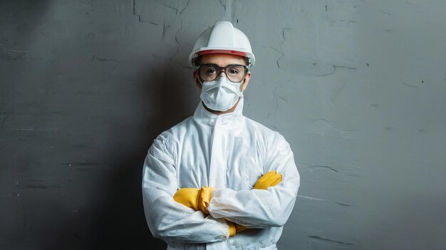 Photo man in protective suit and glasses on grey wall