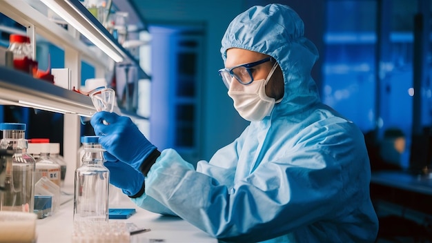 Man in protective suit and glasses working at laboratory