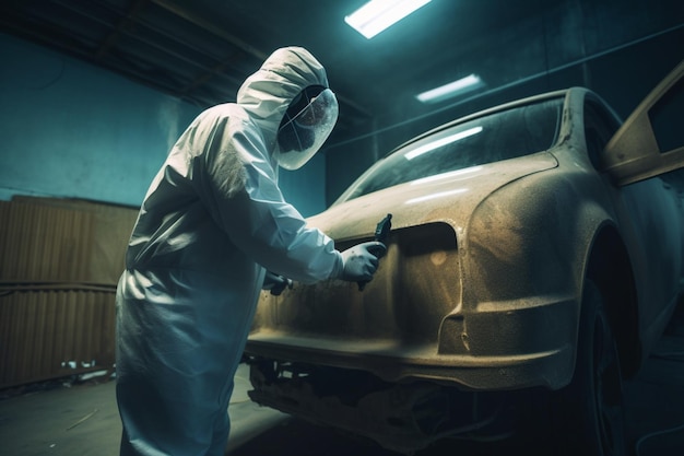 A man in a protective suit and mask painting a car with a paintbrush.