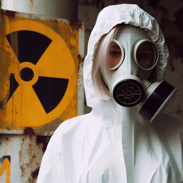 Foto un uomo con una tuta protettiva e una maschera anti radiazioni in un edificio distrutto
