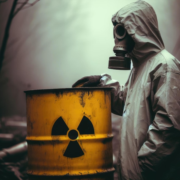 A man in a protective suit and a radiation mask in a destroyed building