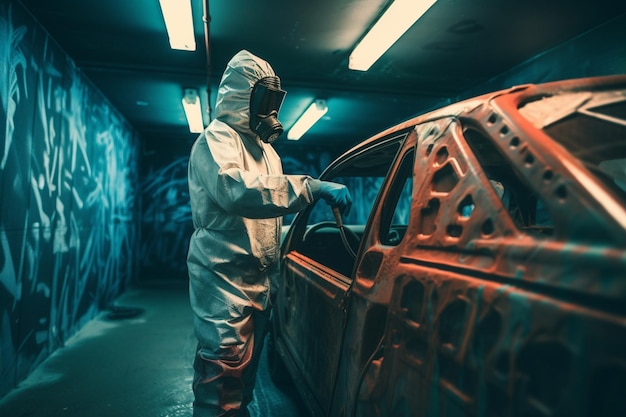 A man in a protective suit stands in front of a car in a garage.