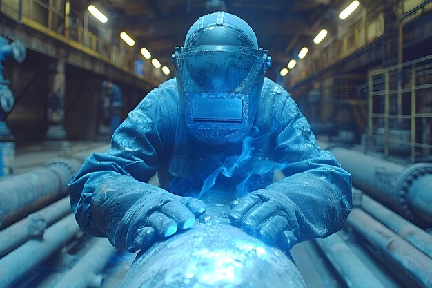 Photo man in protective suit working on pipes