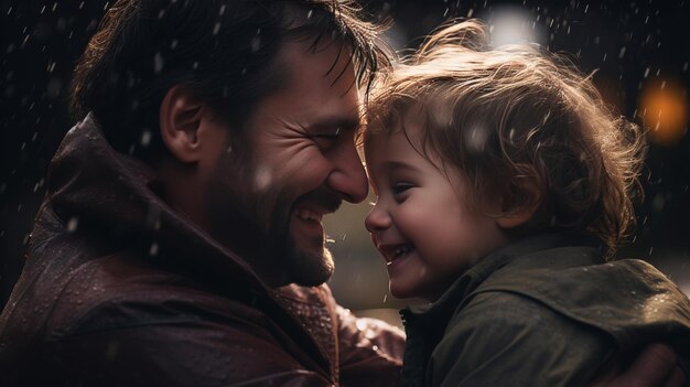 A man protectively holds a little girl in the rain providing shelter and comfort