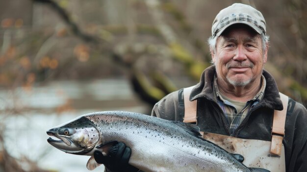 Foto un uomo mostra con orgoglio il suo grande salmone pescato in modo sostenibile in una pesca e una cucina sostenibili