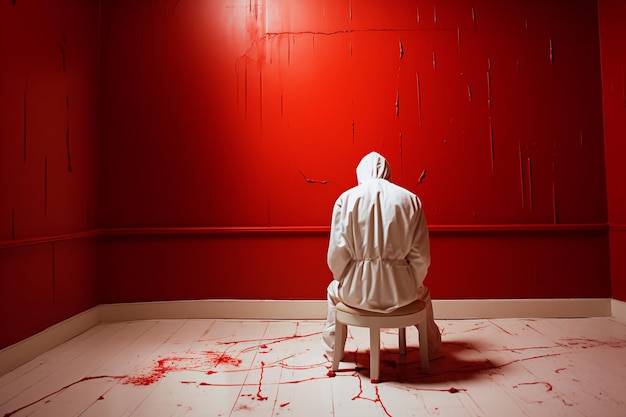 A man in a psychiatric hospital in a locked red room wearing a white straitjacket Back view