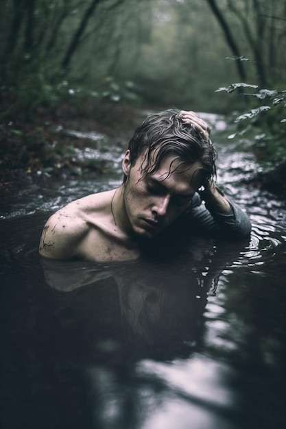 A man in a puddle with his head in the water.