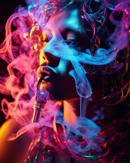 A man in a puff of colored smoke vape smoking