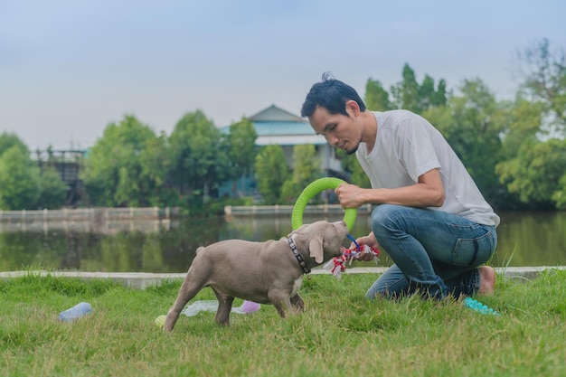 Uomo cucciolo di cane che gioca felice amante degli animali