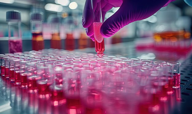 a man in a purple glove holding a vial with a pink liquid in it