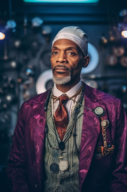 A man in a purple jacket and hat stands in front of a wall with a clock on it.