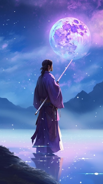 A man in a purple kimono stands in front of a mountain and holds a moon.