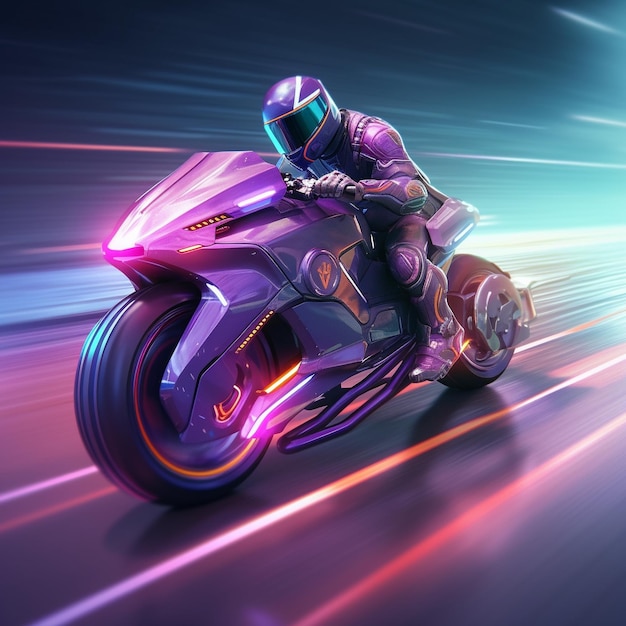 a man on a purple motorcycle with a purple helmet on.