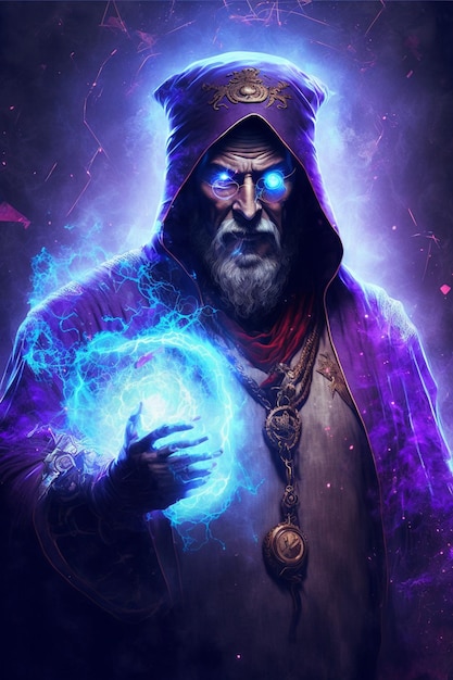 Мужчина в фиолетовой мантии держит хрустальный шар, генерирующий искусственный интеллект