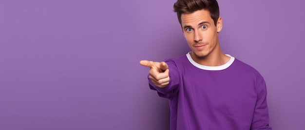 a man in a purple shirt pointing at the camera