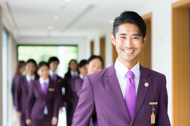 Photo a man in a purple suit with a pin on his chest