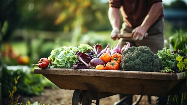 a man pushing a wheelbarrow full of vegetables