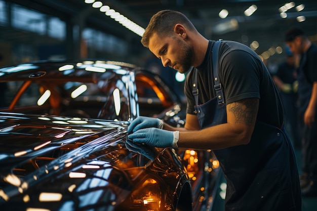 A man put foil on car in professional Vehicle Wrapping Centre