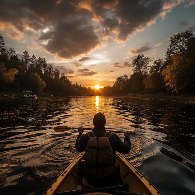 man puts fingers down in lake kayaking against backdrop of golden sunset unity harmony nature 8