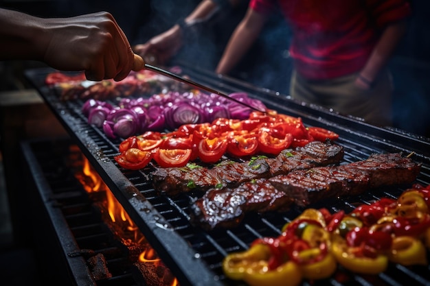 a man puts food on a grill with tongs