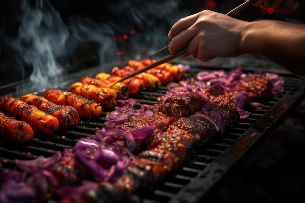 a man puts food on a grill with tongs