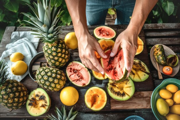 A man puts various grilled fruits on a dish May holidays concept of vegetarian fruit barbecue party summer holidays