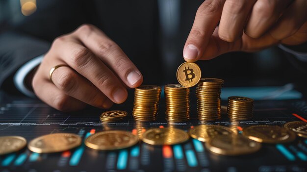 A man putting a bit coin on top of a pile of coins next to a pile of coins and a stack of coins