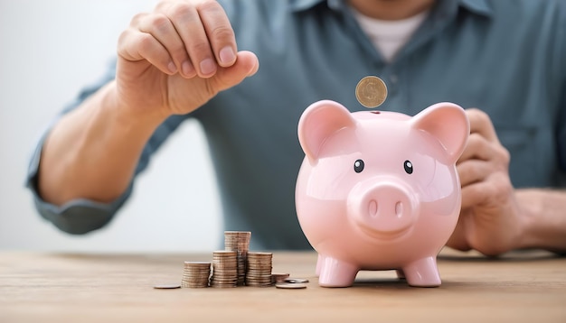 man putting coin in to piggy bank saving for retirement