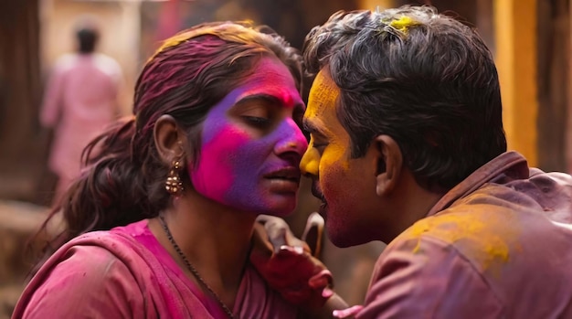 Мужчина наносит цвет на лицо женщины во время празднования Холи