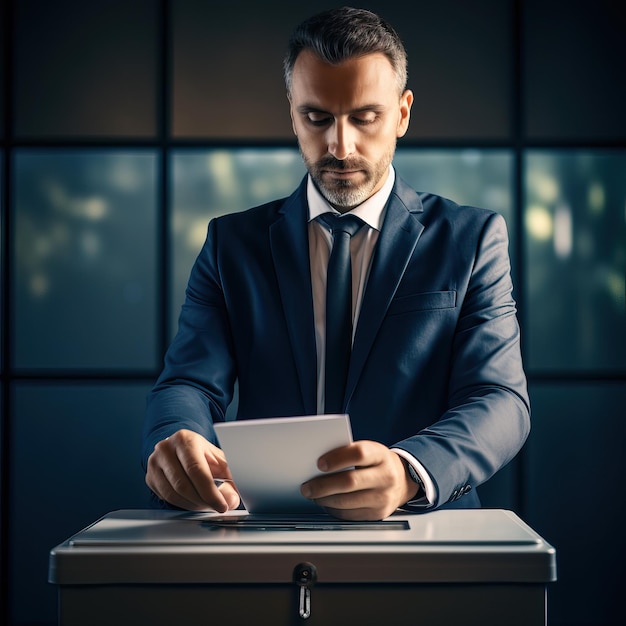 Man putting the empty ballot in the election box high quality AI generated image