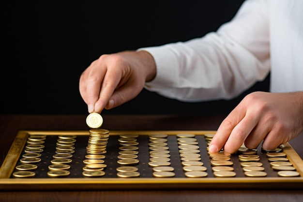 複数の収入の流れを表すボードに金貨を置く男性のコンセプト