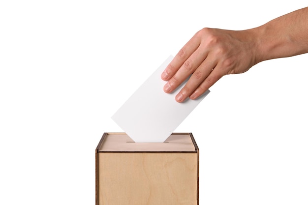 Man putting his vote into ballot box on white background closeup