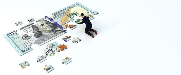 Man putting a piece of dollar puzzle together. Business concept, 3d rendering