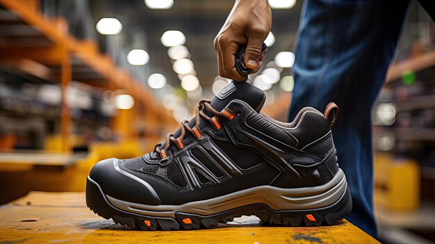 Photo man putting on work boots in workshop