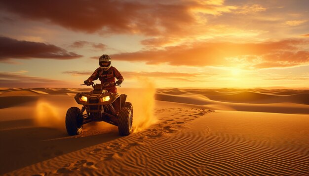 Photo a man on a quad bike in the desert with the sun behind him