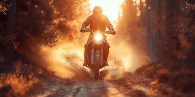 Foto uomo motociclista di corsa su moto enduro sportiva che guida in gara su una strada di foresta polverosa al tramonto