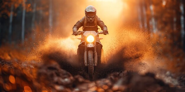 Man racer motorrijder op een sport enduro motorfiets rijden in op stoffige bosweg bij zonsondergang in de zomer