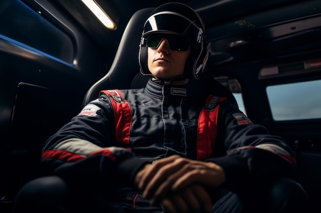 Мужчина в гоночной форме сидит внутри гоночного автомобиля Генерирующий искусственный интеллект
