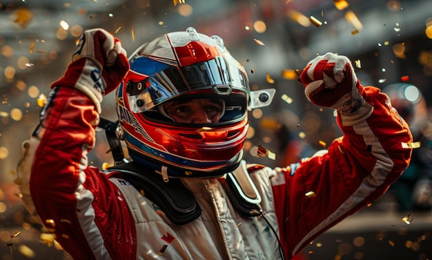 A man in a racing suit is celebrating with confetti The man is wearing a helmet and a red and white racing suit